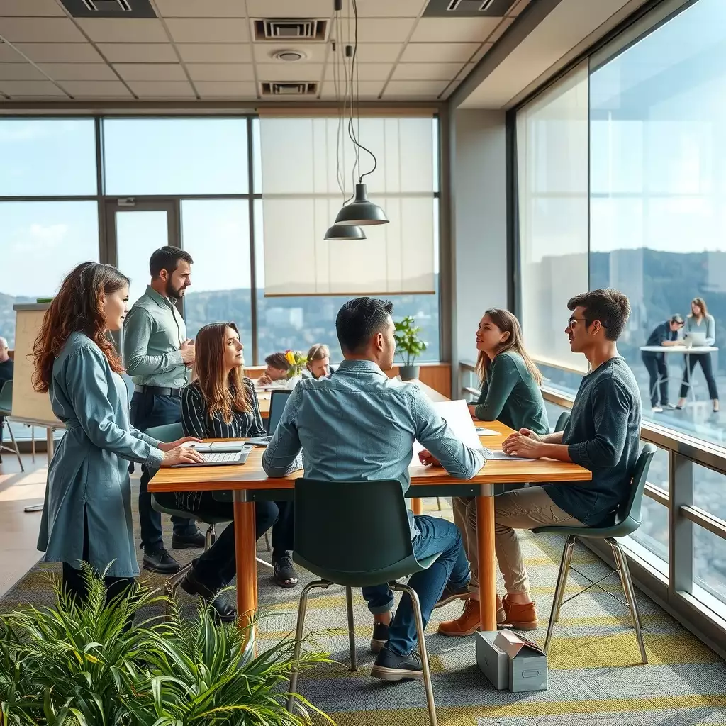 A vibrant scene depicting diverse professionals collaborating in a modern workspace, set against the backdrop of the Appalachian landscape, showcasing teamwork and innovation.