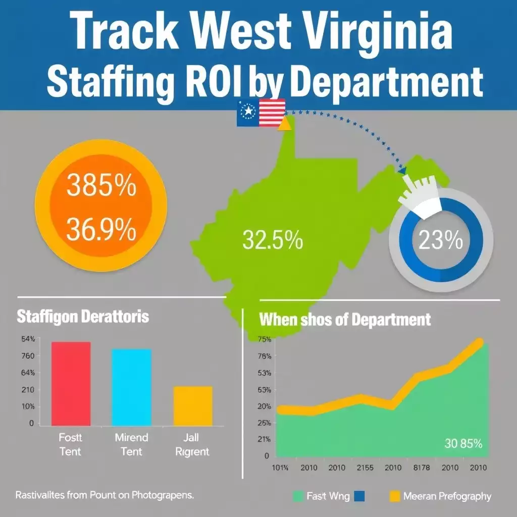 Infographic illustrating staffing ROI by department in West Virginia, featuring bold colors, clear typography, and intuitive data visualizations like graphs and charts.