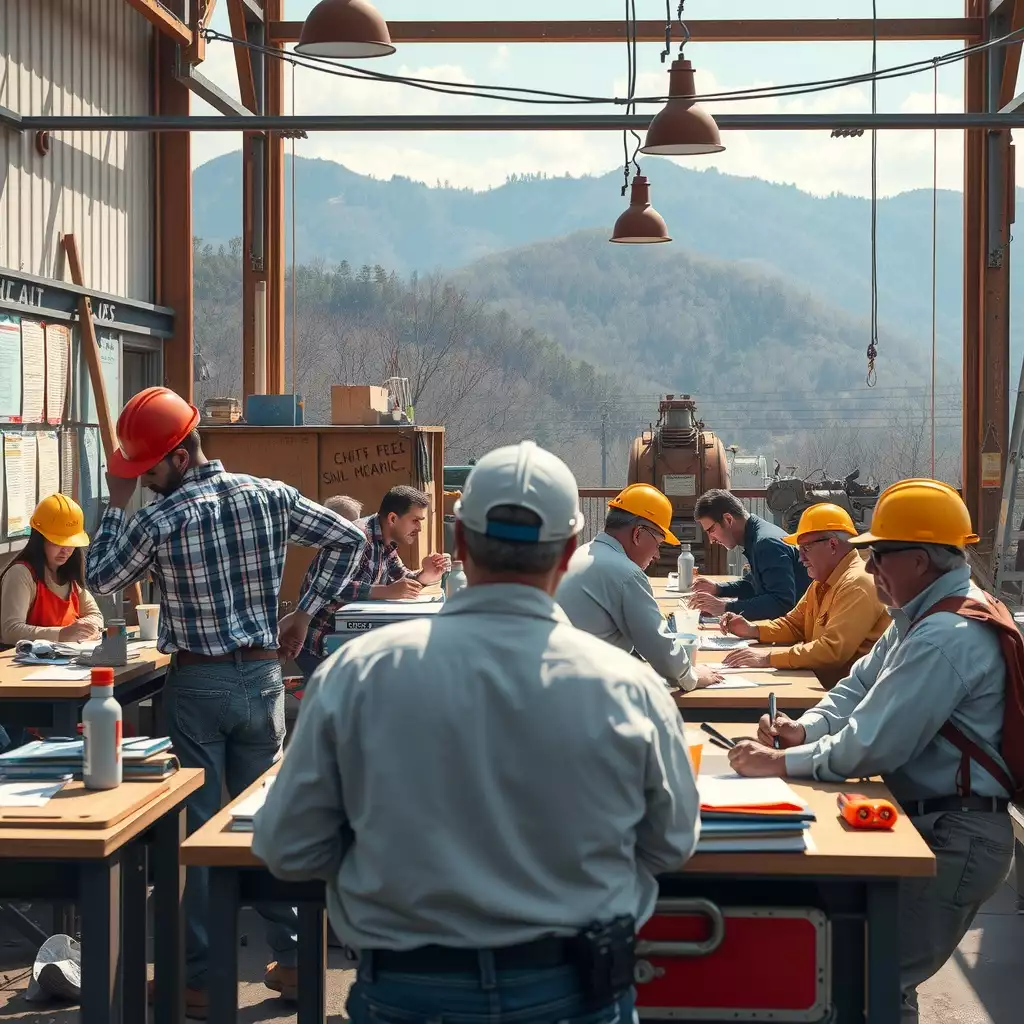 A vibrant workplace scene in West Virginia, featuring diverse workers engaged in various activities, policy documents scattered throughout, and a backdrop of iconic mountains, symbolizing progress and community amidst labor changes.