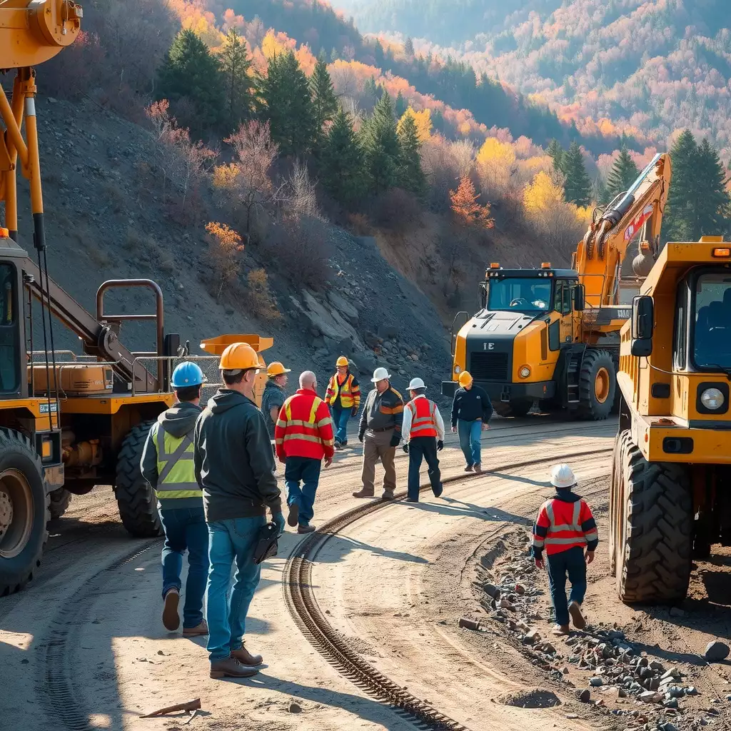 A vibrant scene of skilled workers engaged in mining support roles, surrounded by heavy machinery and the lush Appalachian landscape, showcasing teamwork and resilience.