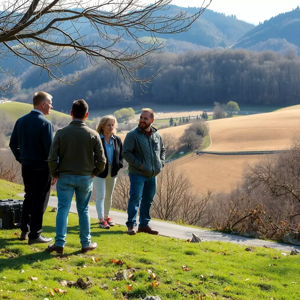 A vibrant scene of professionals collaborating in a picturesque West Virginia landscape, showcasing teamwork and innovation amidst rolling hills and lush greenery.