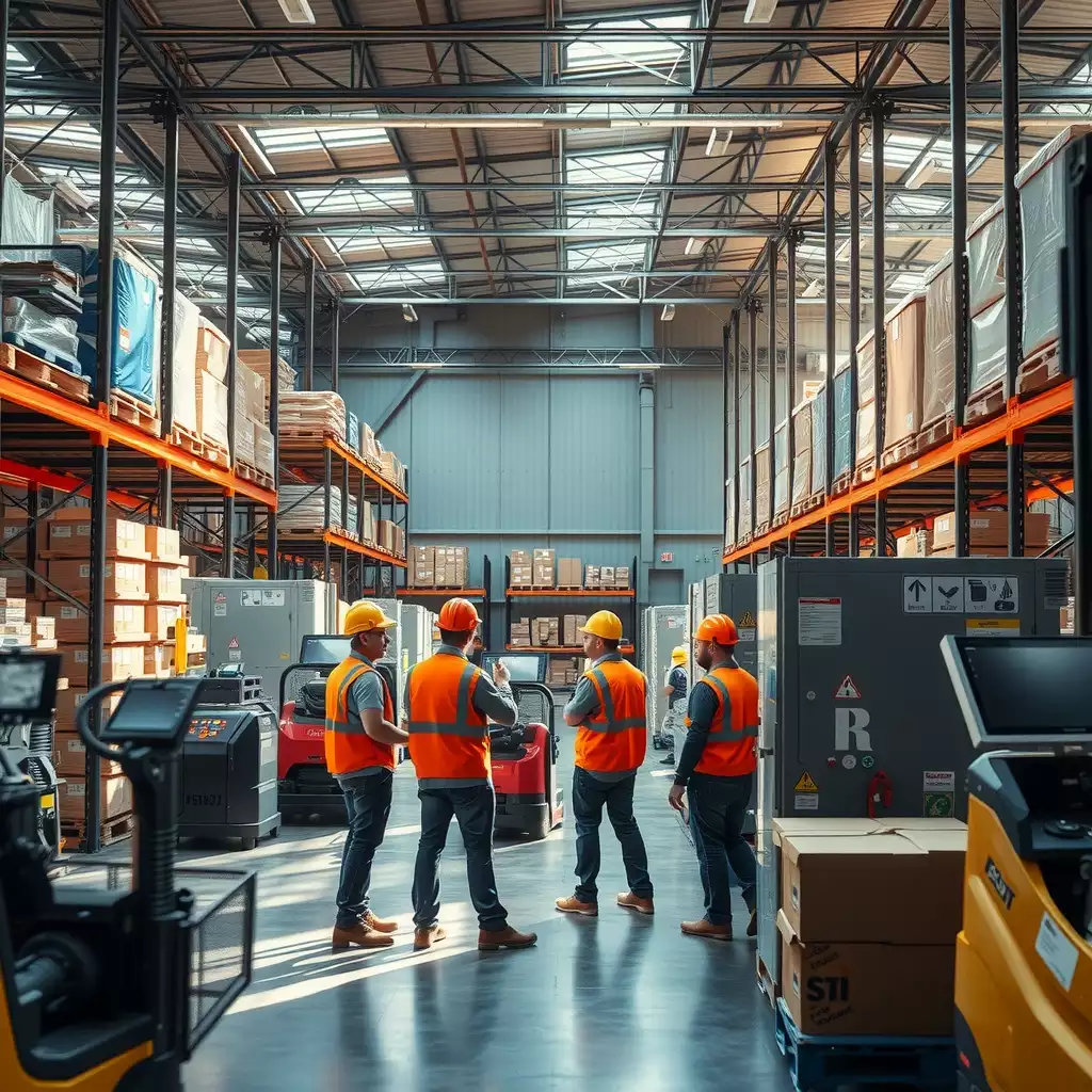 A dynamic warehouse scene in West Virginia showcasing cross-trained crew members collaborating efficiently with modern equipment and organized inventory.