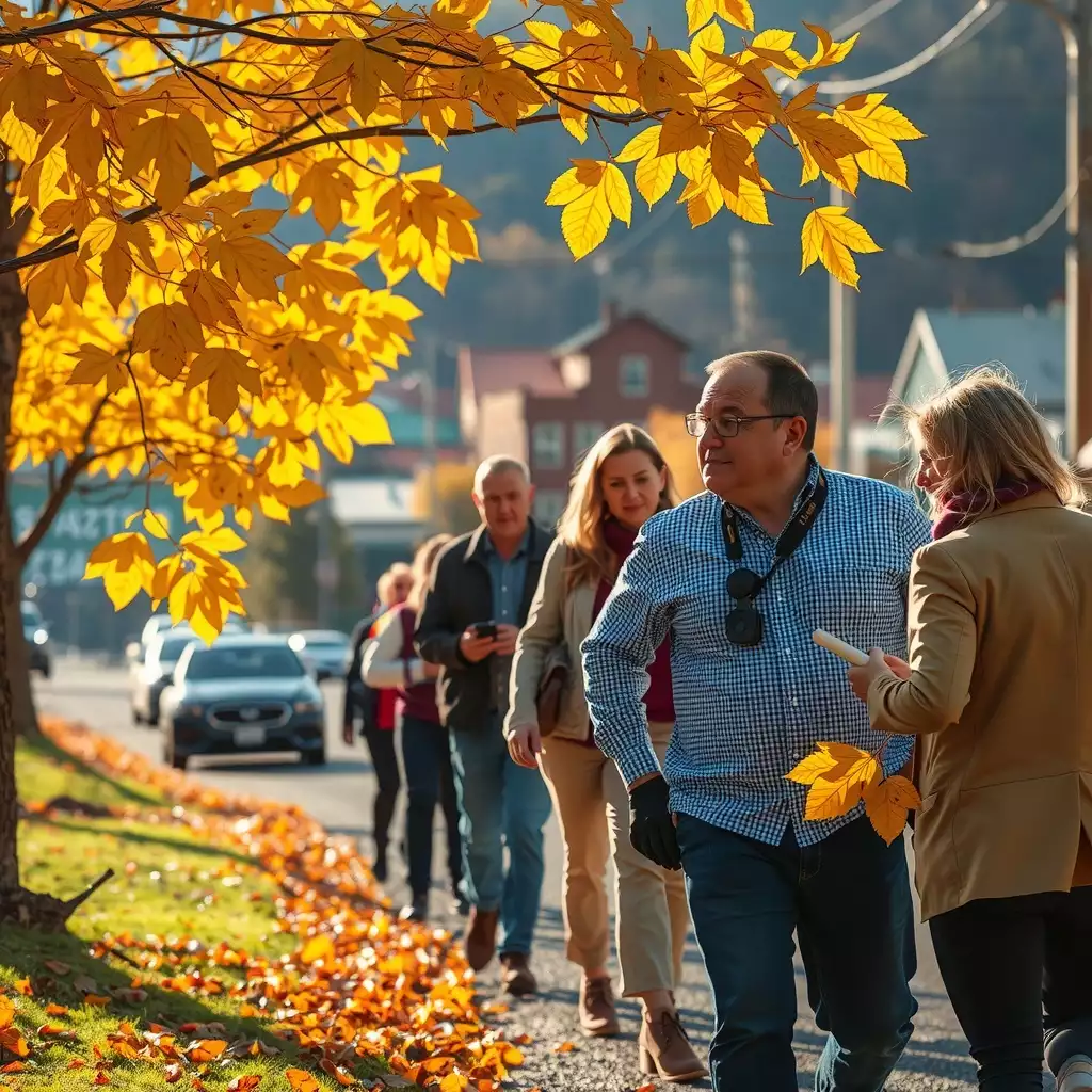 A team of per diem staff engaging with local community members in a vibrant Appalachian landscape, showcasing autumn colors and the spirit of collaboration during a census effort.