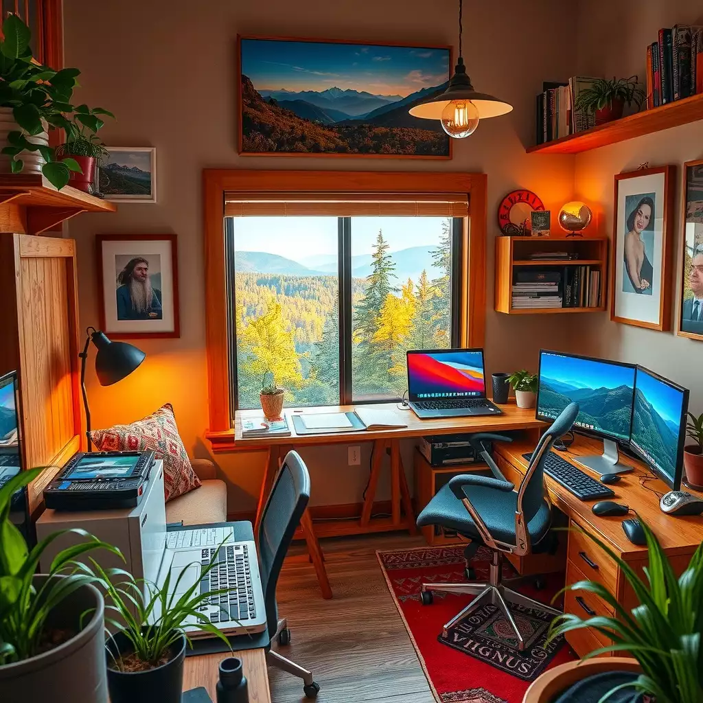 A cozy home office workspace showcasing elements of West Virginia’s natural beauty, featuring modern technology and personal touches that reflect productivity and collaboration.