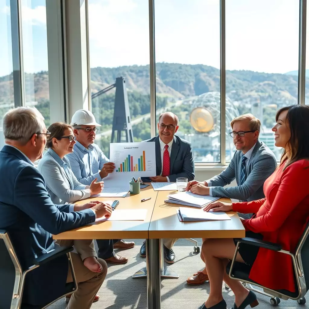 A diverse group of professionals engaged in a staffing review meeting, discussing safety metrics and data charts in a modern office setting that reflects West Virginia's unique culture and landscape.