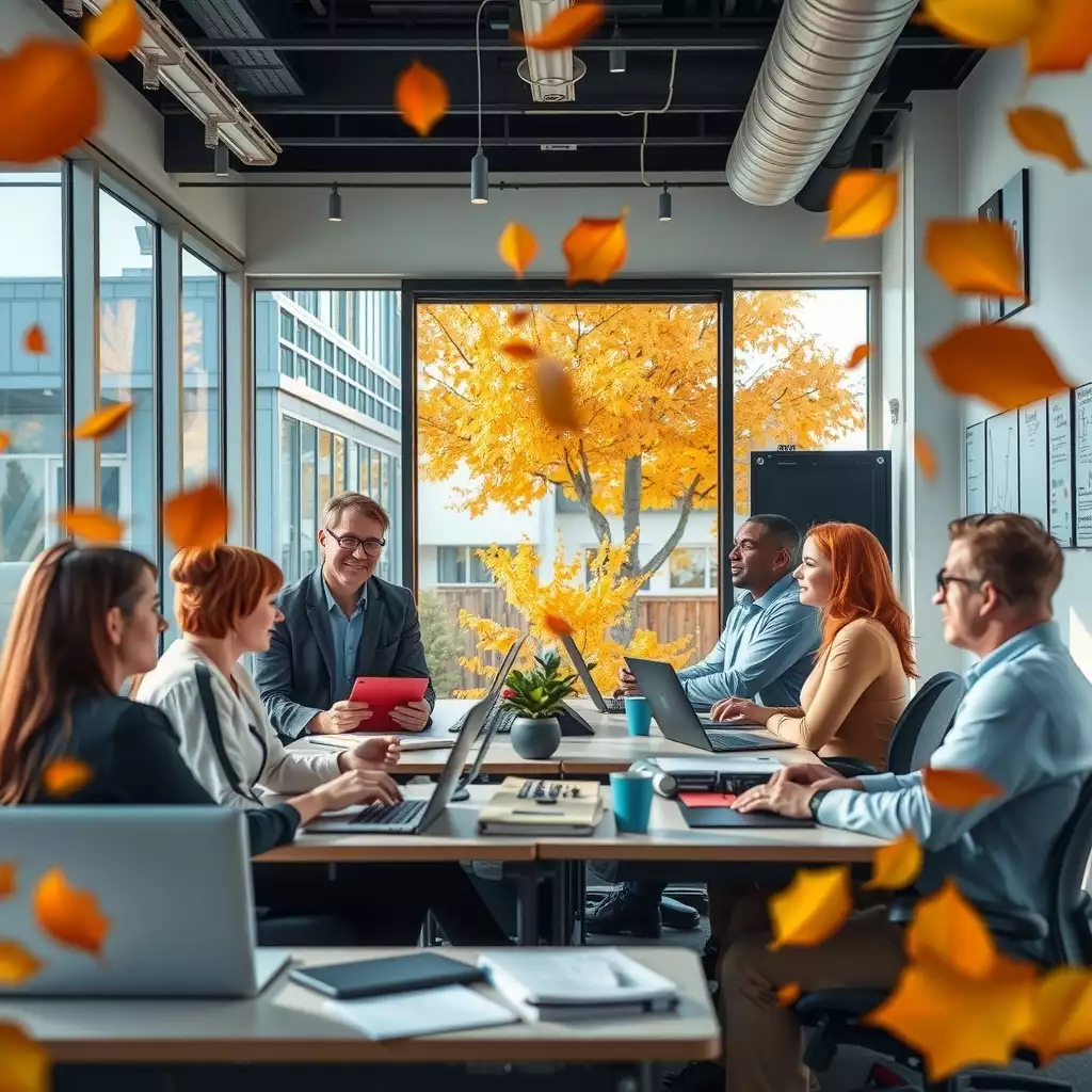 A bustling staffing agency office with professionals engaged in discussions, reviewing applications, and collaborating over laptops, surrounded by autumn leaves in vibrant colors.