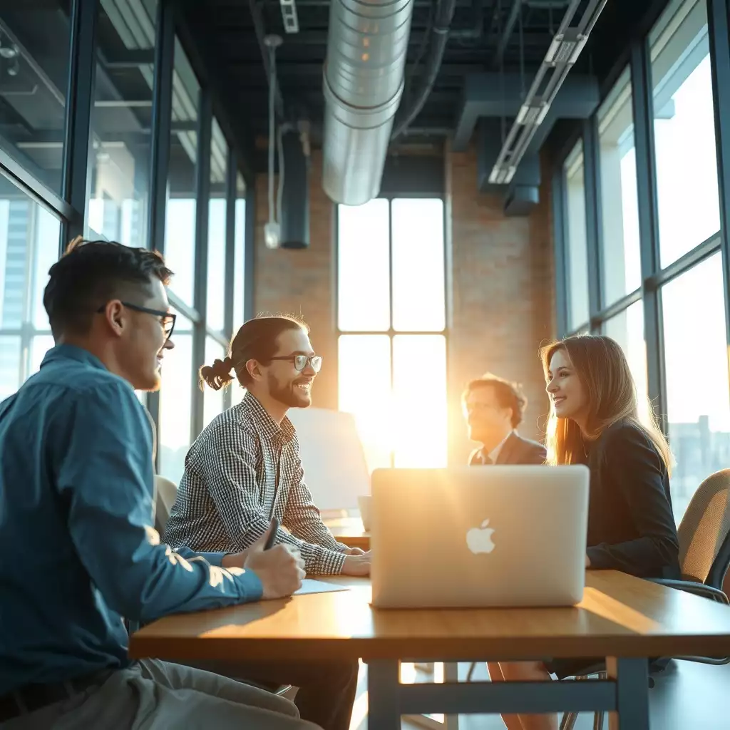 A diverse team collaborating in a modern office setting, with natural light streaming through large windows, showcasing innovation and teamwork.