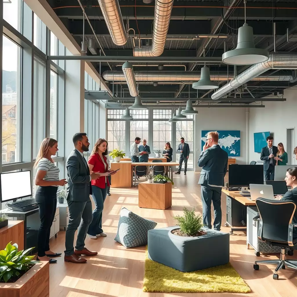 A vibrant workplace scene in West Virginia showcasing diverse professionals collaborating with modern technology, set against a backdrop that reflects the state's unique landscape and culture.