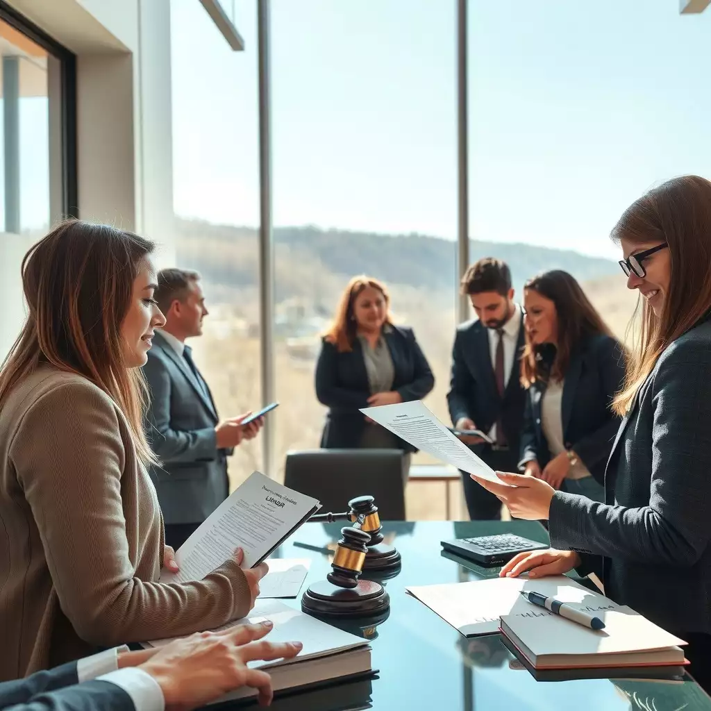 A diverse group of professionals engaged in a hiring discussion within a modern office, with legal documents and guidelines visible, conveying professionalism and clarity in staffing law.