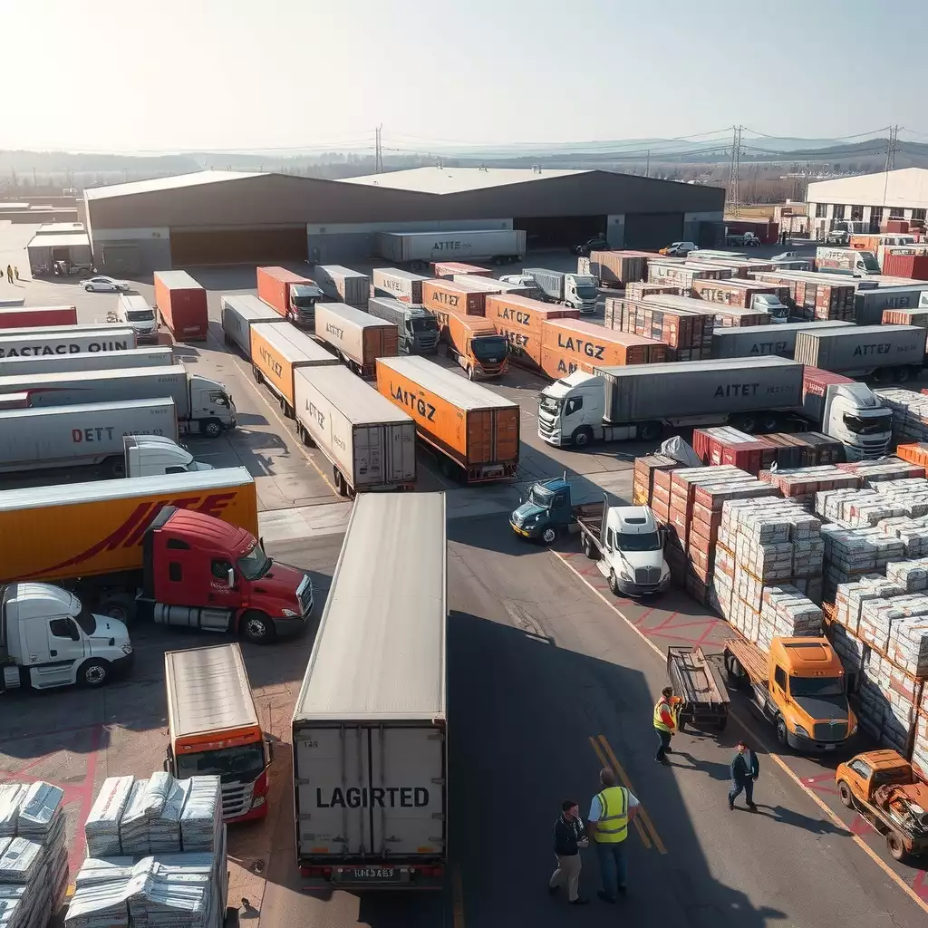 A busy logistics hub with trucks loading and unloading goods, organized warehouses, and employees collaborating in a dynamic environment.
