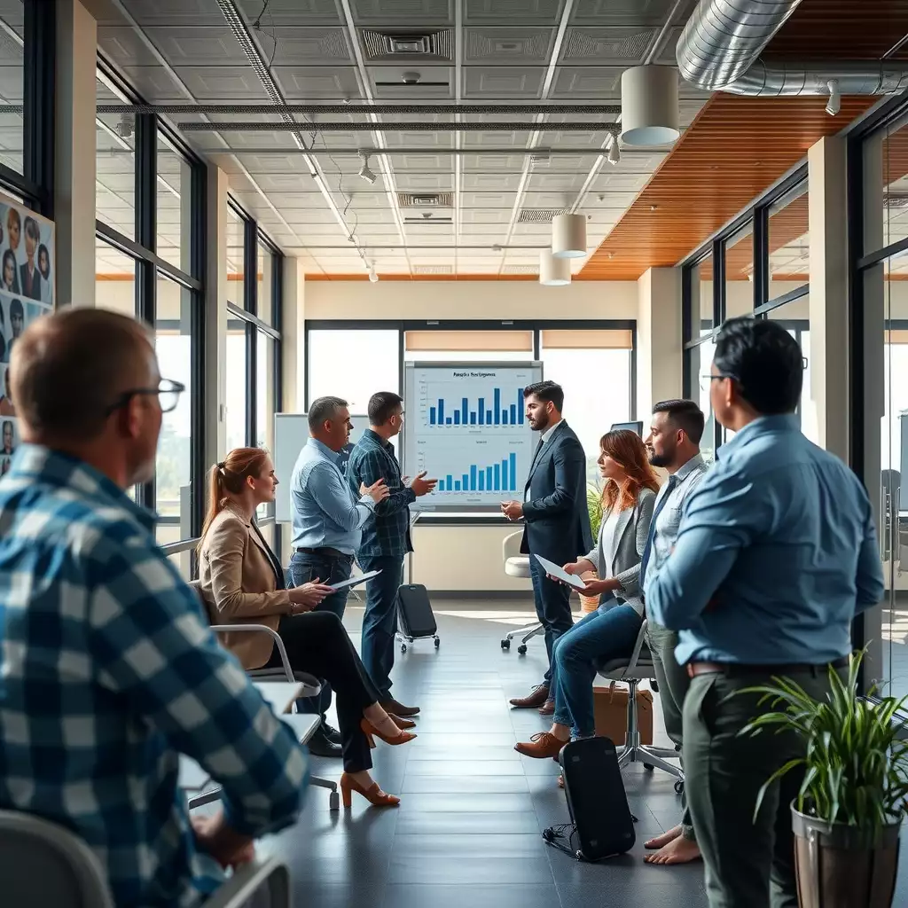 A dynamic office scene featuring engaged professionals discussing hiring trends, surrounded by charts and graphs, reflecting strategic partnerships and innovation in workforce management.
